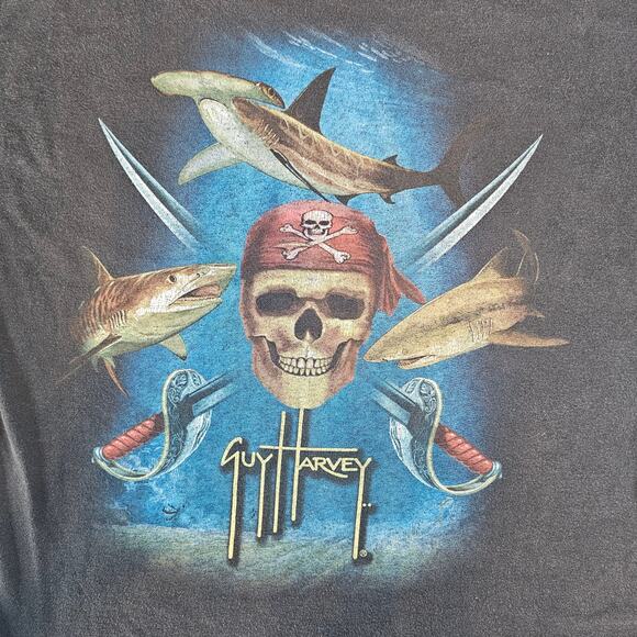 Guy Harvey Black Gray Pirate T-Shirt Beach Ocean Ship Youth size Large 14/16 - Picture 3 of 6